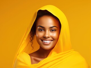 Yellow background Happy black independant powerful Woman Portrait of young beautiful Smiling girl good mood Isolated on Background 