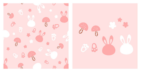 Seamless pattern with bunny cartoons, mushrooms, foot prints and cute flower on pink background vector. Pink mushrooms, flower, footprints and rabbit cartoon icon sign.