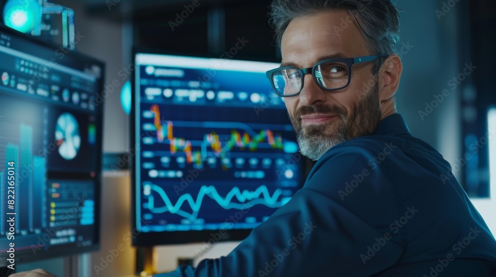 Poster successful smiling trader works on computer with transparent display that shows interactive line cha