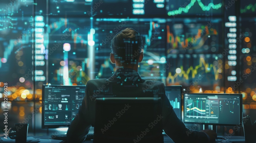 Poster businessmen in the near future work on computers with transparent displays that display results of t