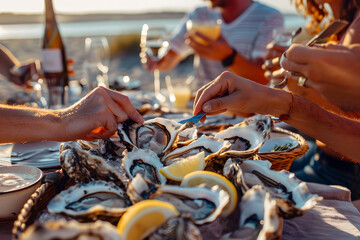 a group of friends shucking fresh oysters at a beachside picnic, enjoying the briny delicacies with lemon wedges and mignonette sauce 