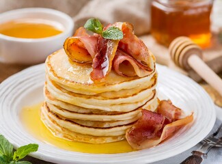 Pancakes with bacon and honey