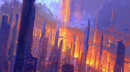 Futuristic golden city skyline for science fiction and technology themed designs