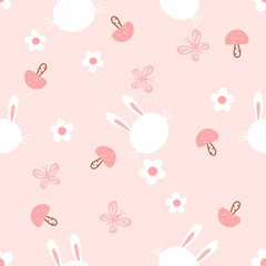 Seamless pattern with bunny rabbit cartoons, mushroom, cute flower and butterflies on pink background vector.