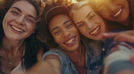 Fototapeta premium Group of smiling friends taking group selfies