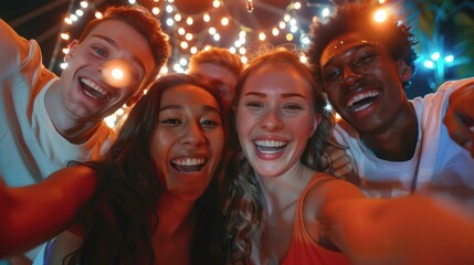 Group of smiling friends taking group selfies