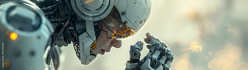 Poster creative man building realistic robots: highlighting engineering and technology skills in futuristic
