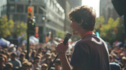 A man with a good personality Carrying a microphone in outdoor activities