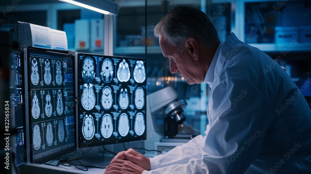 Poster over-the-shoulder shot of a senior medical scientist using a personal computer in his laboratory wit
