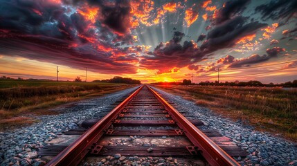 Naklejka premium Railroad tracks lead into fiery sunset wallpaper, Railroad tracks lead to fiery sunset.