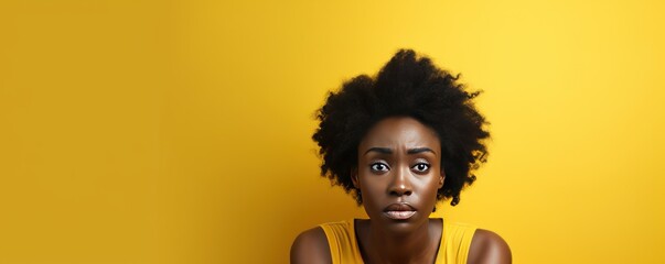 Yellow background sad black independent powerful Woman. Portrait of young beautiful bad mood...