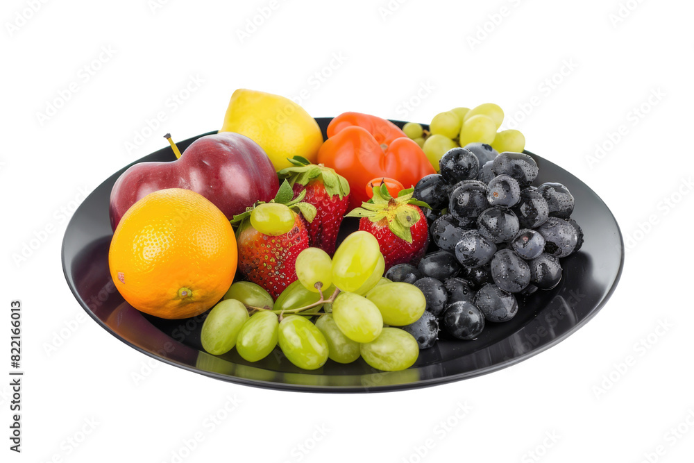 Wall mural black plate with fresh fruits isolated on white or transparent png