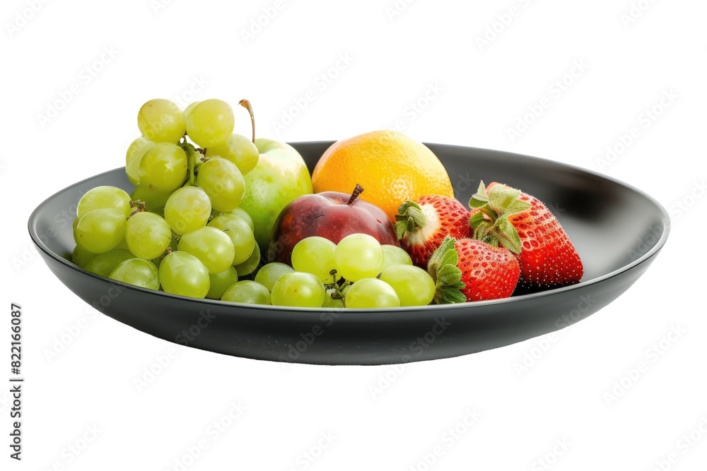 Wall mural black plate with fresh fruits isolated on white or transparent png - Wall murals