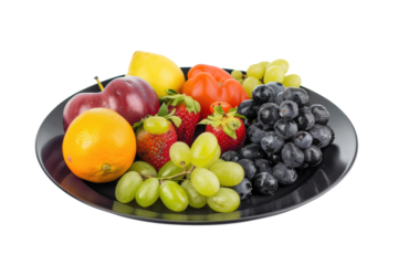black plate with fresh fruits isolated on white or transparent png