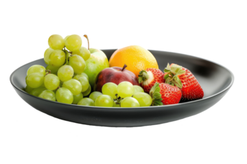 black plate with fresh fruits isolated on white or transparent png