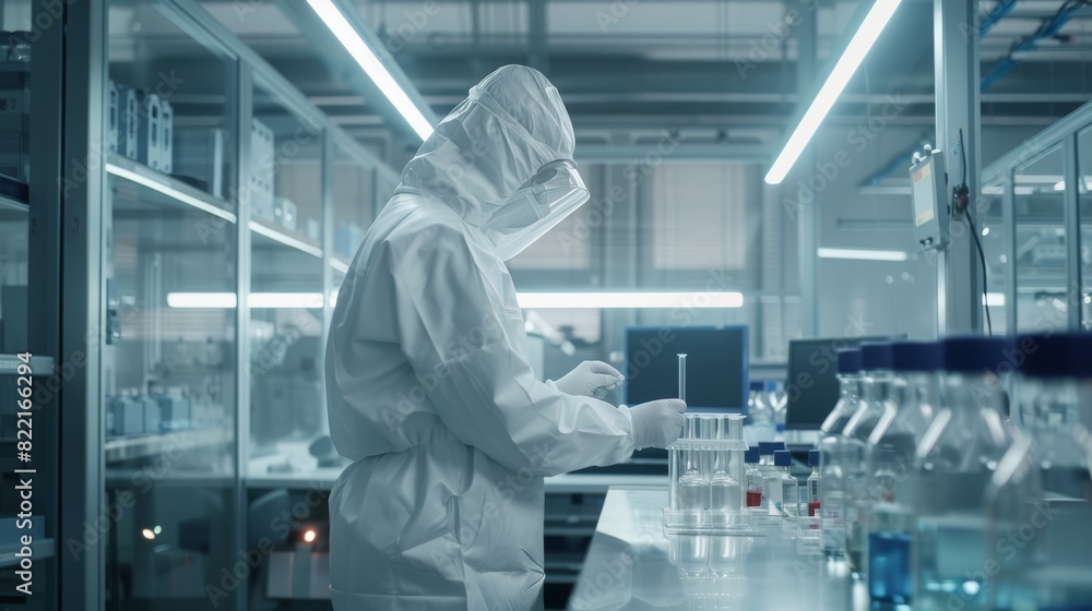 Poster using a digital tablet computer, a scientist wears protective clothing while being inspected by an i