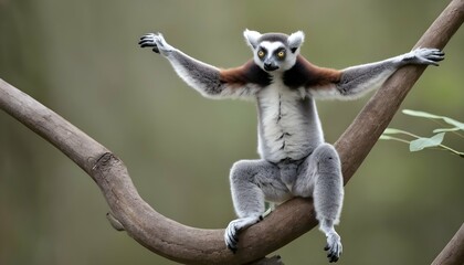 Naklejka premium A Lemur With Its Arms Outstretched Balancing On A