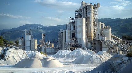 A large cement factory with an outdoor scene of the production line and various equipment, surrounded by white sand piles in front of it.
