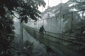 Explorer navigating dense foliage on suspended walkway, mysteries of equatorial rainforest ecosystem.