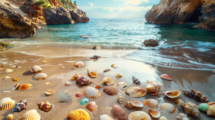 a peaceful cove with a pristine sandy beach and colorful seashells scattered along the shore
