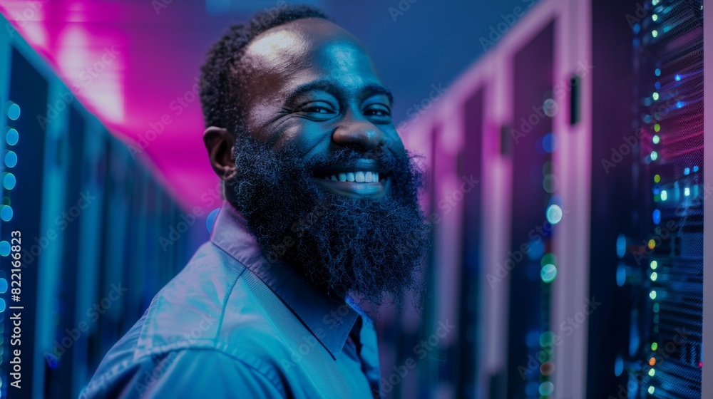 Poster smiling bearded black it engineer standing in front of a rack of server computers in a working data 