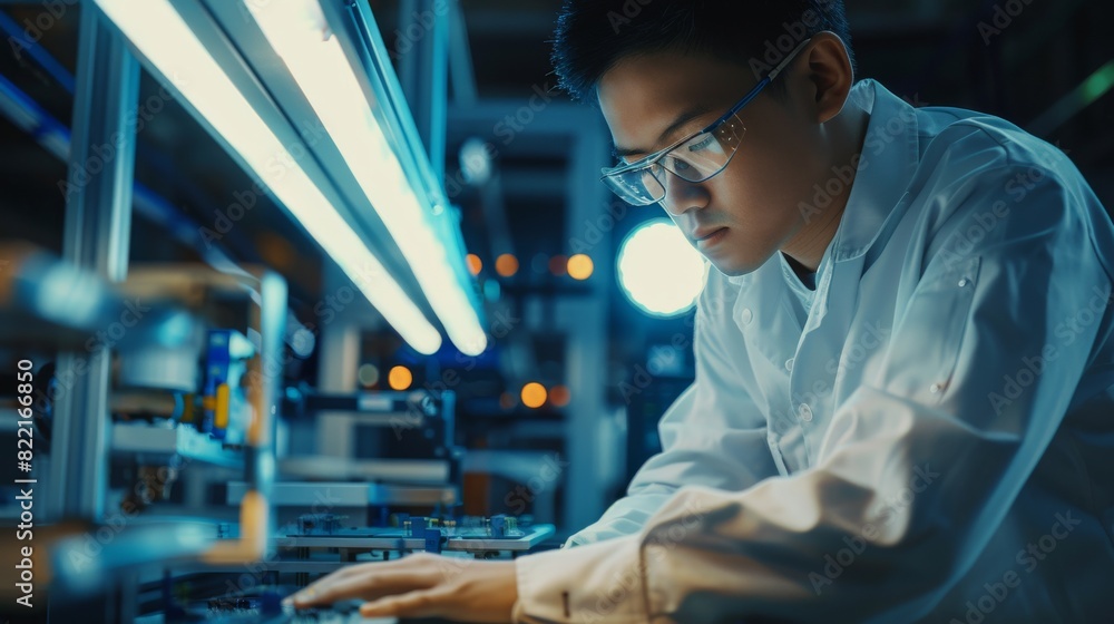 Poster computer programming for pcb surface mount assembly line on high tech factory. production of pcb wit