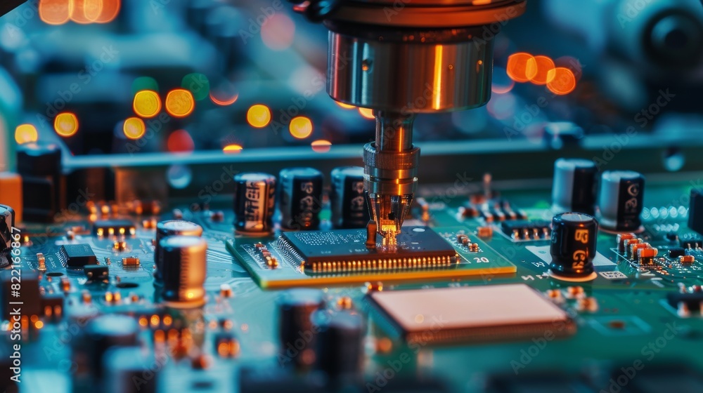 Poster timelapse macro close-up footage of an electronic pcb being assemble with an automated cnc robot arm