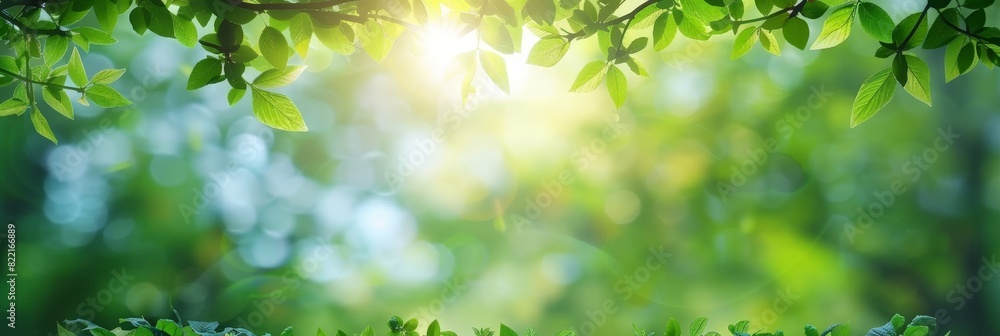 Poster sunlit green leaves with bright bokeh background in a tranquil nature setting
