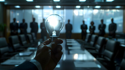 CEO with Light Bulb in Boardroom: Strategic Implementation of New Ideas for Company Growth   Photo Realistic Symbolizing Innovation and Leadership in Business Concept