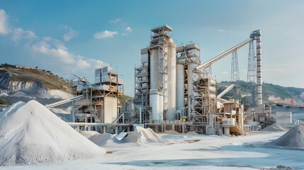 Obraz premium A large cement factory with an outdoor scene of the production line and various equipment, surrounded by white sand piles in front of it. 