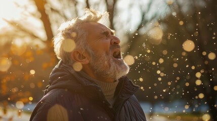A middle-aged man sneezes outside his home.
