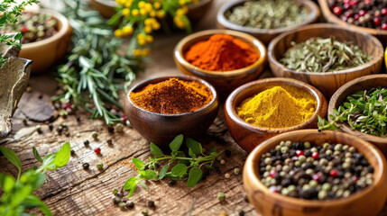 Herbs and spices artfully arranged in miniature vessels on a wooden tabletop, providing an inviting template for food-related content.