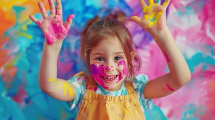 Fototapeta premium She is having fun and laughing while painting her handprints on the wall with yellow and pink paint.