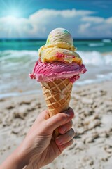 ice cream on the background of the beach close-up. Selective focus