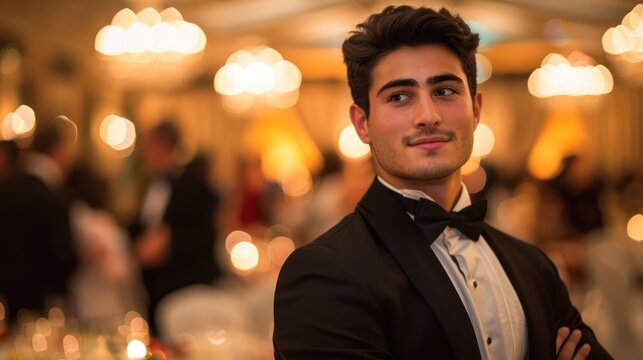 A handsome, handsome, stylish man wearing a tuxedo. In a large ballroom - Powered by Adobe