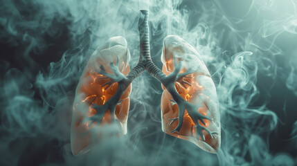 Human lungs and white smoke around. Stop smoking, No smoking, World no tobacco day, health damage, bad habits, addiction concept.