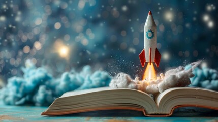 Open book with a pencil rocket in midlaunch, representing the explosion of ideas and educational achievement