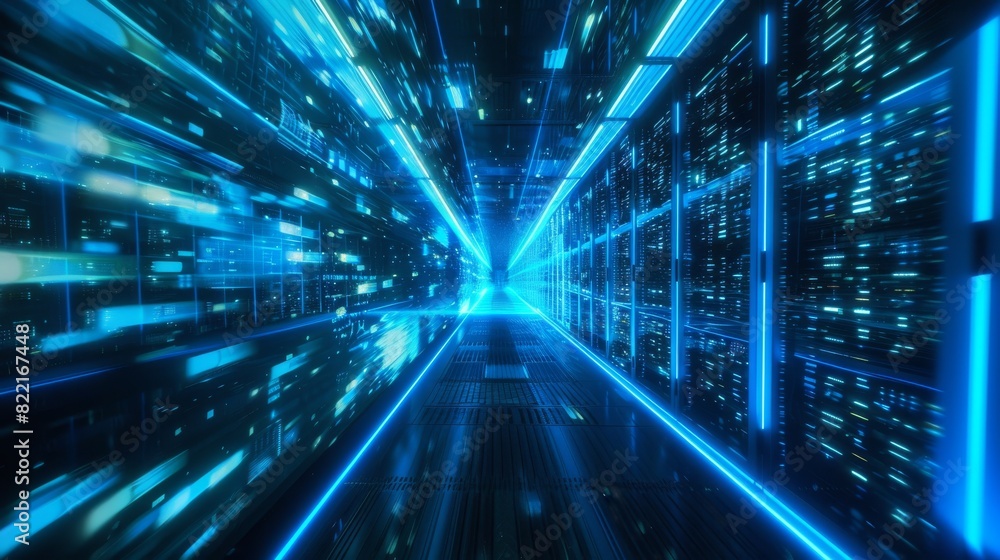 Poster in working data center with racks of servers and supercomputers surrounded by blue neon projections 