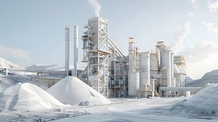 A large cement factory with an outdoor scene of the production line and various equipment, surrounded by white sand piles in front of it.
