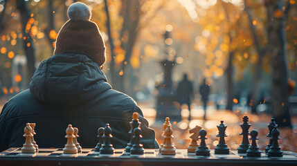 Strategic Chess Game: Photo Realistic Image of Man Playing Chess in a Park, Highlighting Mental Engagement  Strategic Thinking   Stock Photo Concept