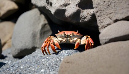 A Crab Peeking Out From Beneath A Rocky Crevice