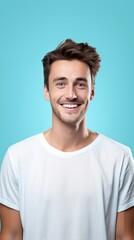 Aqua background Happy european white man realistic person portrait of young beautiful Smiling man good mood Isolated on Background Banner with copyspace