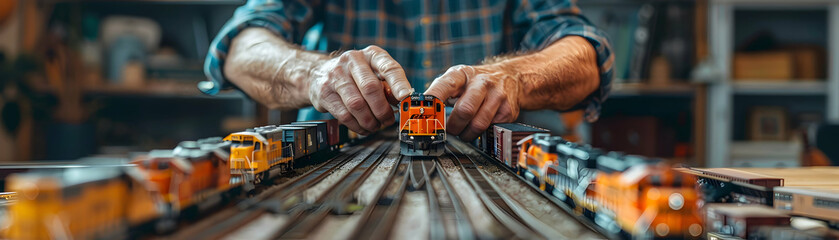 A man meticulously arranging his collection of model trains, showcasing the detail and dedication involved in this intricate hobby   Photo realistic concept of collecting model tra