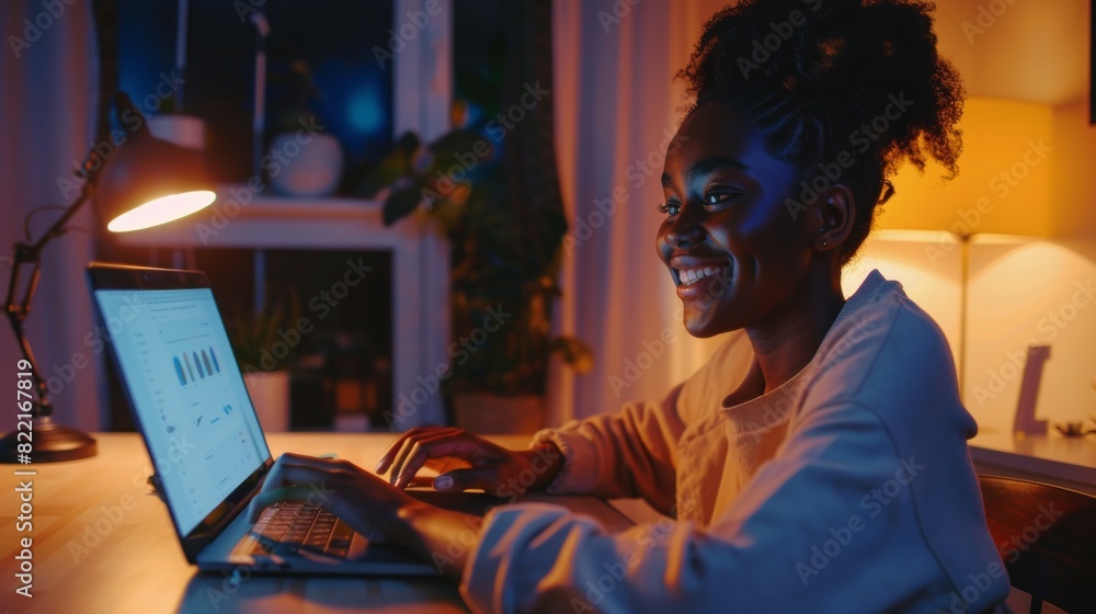 Poster in this picture of a beautiful black girl sitting at home using a computer, her face is illuminated 