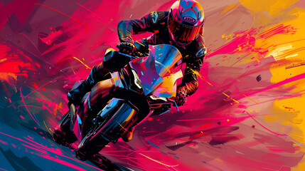 motorcyclist, rider, biker, sportsman with a focus on a dynamic stride, energy and motion, vibrant colors, abstract background, rosa, orange colors, speed, racing, bike, motocross, race,