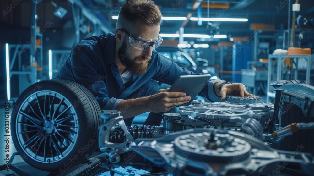 Poster engineer scans electric car chassis prototype with wheels, batteries, and engine using augmented rea