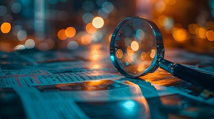 A magnifying glass over newspaper clippings and graphs, representing the idea of enhanced search technology for news content.
