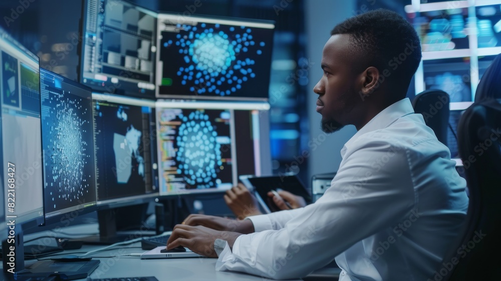 Poster the computation of neural networks is shown on multiple screens with ai, data mining, and machine le
