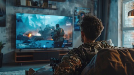 On the couch in the living room is a guy watching a war movie on the TV. Modern military warfare action with soldiers is shown. - Powered by Adobe