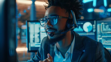 Obraz premium His employer is a large technological company. The office has a multi-ethnic team of specialists, and displays show useful information about the company.